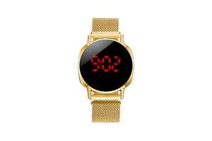 Detailed macro of gold mesh watch strap and bright red LED digital display on black dial