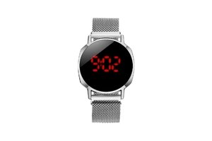 Detail of silver LED touch screen watch with round dial and magnetic mesh strap