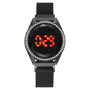 Women LED Digital Watch Elegant Rhinestone Bezel Magnetic Milanese Mesh Strap Fashion Metal Wristwatch