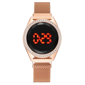 Fashion women's LED touch watch with rose gold magnet band and rhinestone bezel