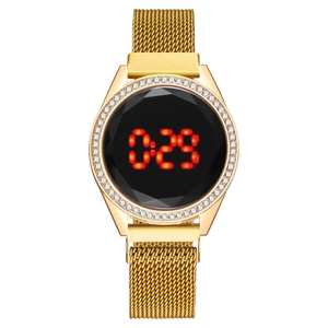 Elegant gold LED digital watch with rhinestone bezel and magnetic Milanese mesh strap