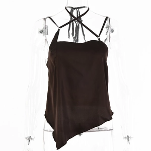 Detail view of the back showing crisscross lace-up straps on black satin camisole top