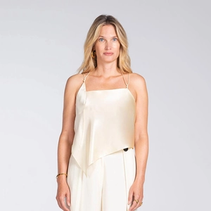 Elegant beige satin camisole top with thin straps and asymmetrical hem for women