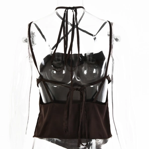 Detail view of open back chocolate satin top with adjustable crisscross lacing