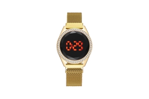 Detailed close-up of rose gold mesh band LED watch with sparkling rhinestone bezel