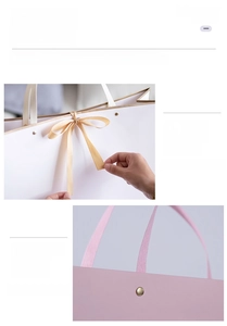 Detail of white paper gift bag with champagne silk bow and golden rivet reinforcement