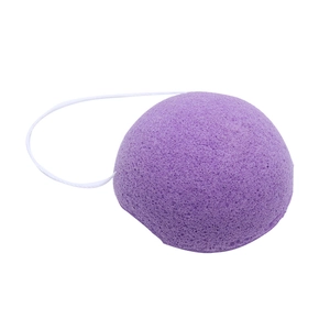 Purple hemispherical konjac facial sponge with honeycomb texture and white cotton hanging rope