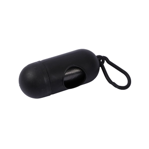 Detailed view of a black capsule pet waste bag dispenser with a portable carabiner
