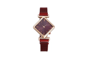 Detail view of wine red diamond-shaped watch face with rose gold mesh magnetic strap