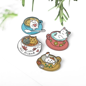 Cute Cartoon Cat Rabbit Coffee Cup Enamel Pin Alloy Metal Brooch Animal Badge For Denim Jacket Backpack Accessory