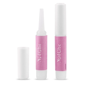 Detail view of two 2g nail glue tubes with pink labels and caps for press-on nails