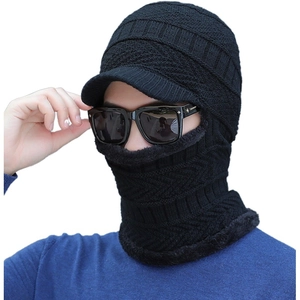 Schwarze Winter-Strickmütze für Herren mit Schirm, Halswärmer und dickem Fleece-Innenfutter