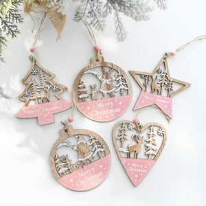 Pink Wooden Christmas Ornaments Hollow Reindeer Santa Star Heart Tree Shape Hanging Decorations With Bell Rope