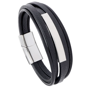 Multilayer black leather bracelet for men featuring a silver metal plate and magnetic clasp