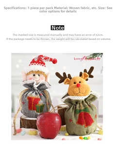 Detail view of woven Christmas gift bags with 3D Santa and reindeer on wood base