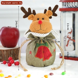 Detail of Christmas burlap gift bag with plush reindeer and drawstring closure