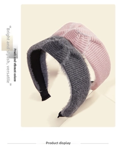 Detail of wide mohair headbands in grey and pink with plush faux fur trim and velvet texture