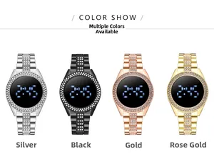 Detail of four-color rhinestone LED watches in silver, black, gold, and rose gold