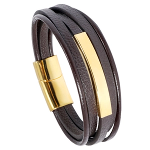 Men's brown braided leather bracelet featuring a polished gold metal bar and magnetic clasp