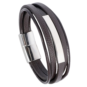Men's brown multilayer braided leather bracelet with polished silver metal plate