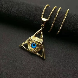 Gold stainless steel hip hop necklace featuring a triangle evil eye skull pendant