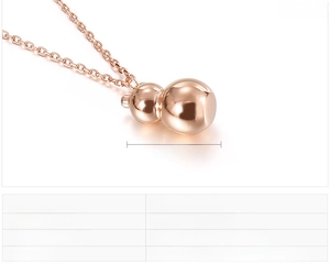 Macro detail of rose gold gourd pendant necklace with size and material specifications