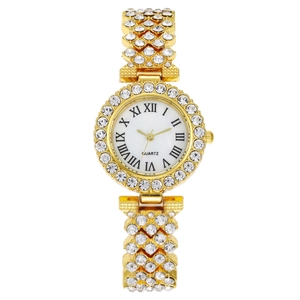 Women's gold fashion quartz watch with full crystal inlay and Roman numeral dial