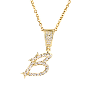 Golden letter B pendant necklace with sparkling cubic zirconia on stainless steel chain