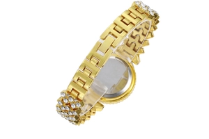 Detail of gold crystal women watch showing the folding clasp and sparkling rhinestone band