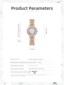 Detailed size specifications for rose gold rhinestone quartz watch with metal band dimensions