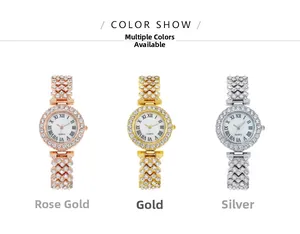 Three-color diamond-set quartz watches in rose gold, gold, and silver with Roman numerals
