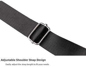 Detail of adjustable black nylon shoulder strap with silver metal buckle on white background