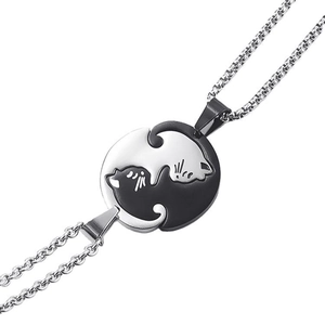 Matching cat pendant necklaces in black and silver stainless steel for couples or friends