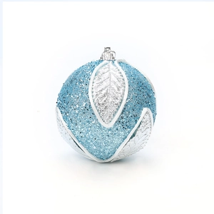Sky blue and silver Christmas ball with glitter and leaf texture on white background