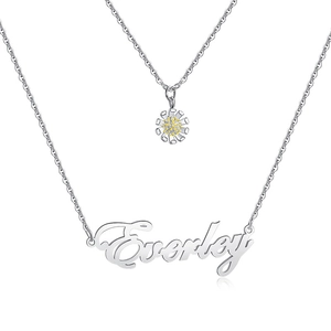 Custom silver-tone double layer necklace featuring a flower pendant and Everley nameplate