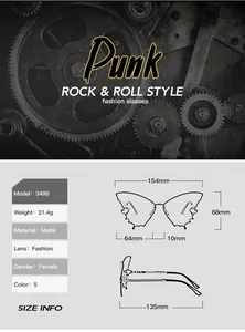 Detailed size chart and technical specifications for butterfly-shaped rimless sunglasses