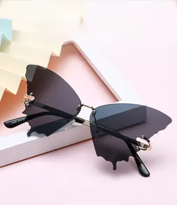 Macro detail of rimless butterfly sunglasses with grey gradient lenses and gold temples