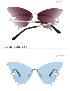 Detailed front and back views of rimless butterfly sunglasses with gold chain temples