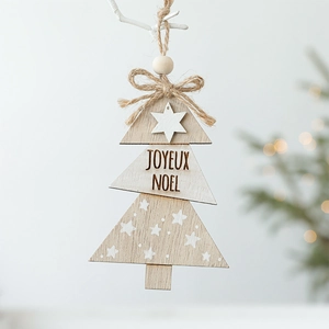 Nordic wooden Christmas tree ornament with Joyeux Noël laser engraving and beads