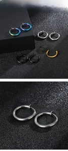 Detailed close-up of spring clip-on earrings in rainbow, gold, silver, and black finish