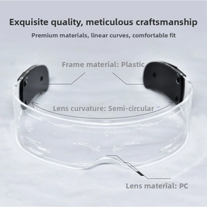 Detailed macro view showing the clear PC lens and sleek black plastic frame of the LED glasses