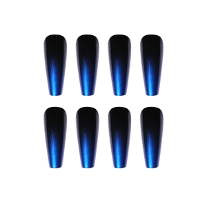Blue and black gradient long coffin press-on nails with metallic glitter finish