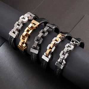 Men's braided leather bracelet set with diverse stainless steel metal chain links