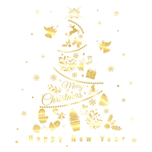Golden Christmas tree static cling window decal with reindeer and snowflakes on white background