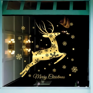 Detail of golden Christmas reindeer static window decal with snowflakes and Merry Christmas text