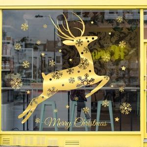 Christmas Window Clings Golden Reindeer Snowflake Static Sticker PVC Removable Glass Decal For Holiday Decoration Shop Home
