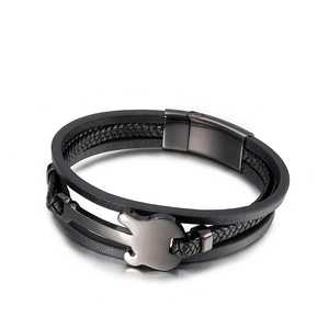 Multilayer braided leather guitar bracelet with magnetic clasp in black stainless steel