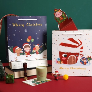 Cartoon Christmas gift bags with cute illustrations of holiday scenes and festive characters