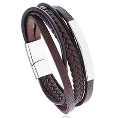 Detail view of brown multi-layer braided leather bracelet with silver magnetic clasp