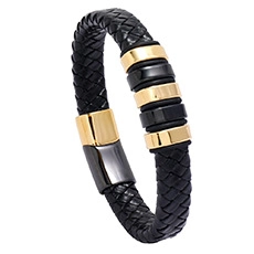 Detail of multi-layer woven leather bracelet with golden metallic rings and magnetic clasp